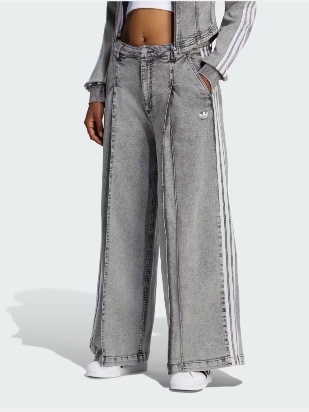 adidas Washed Grey Wide-Leg Flare Jeans with White Side Stripes - Picture 1 of 7